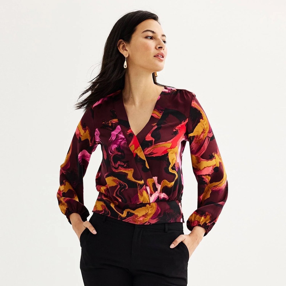 NINE WEST Maroon Purple Pink Gold & Red Long Sleeve Surplice Blouse NWT | M